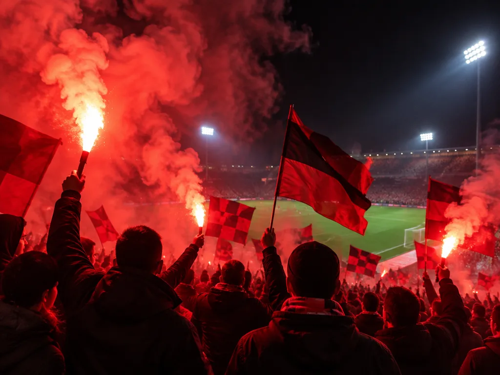 Supportrar med brinnande röda bengaler och flaggor på en läktare i kvällsljus, med röd rök över planen.