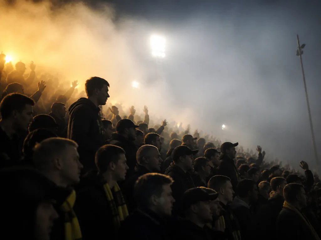 Supportrar med svartgula halsdukar på en ståplatsläktare i rök och strålkastarljus.