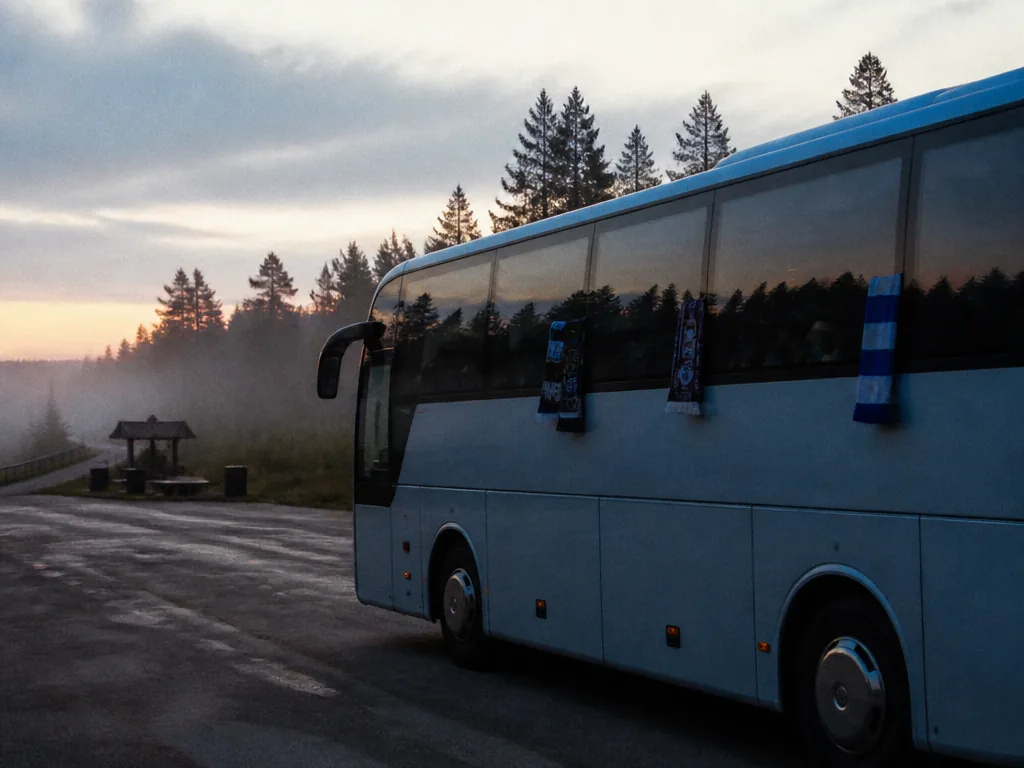 En buss fylld med supportrar på väg till en bortamatch en tidig morgon.