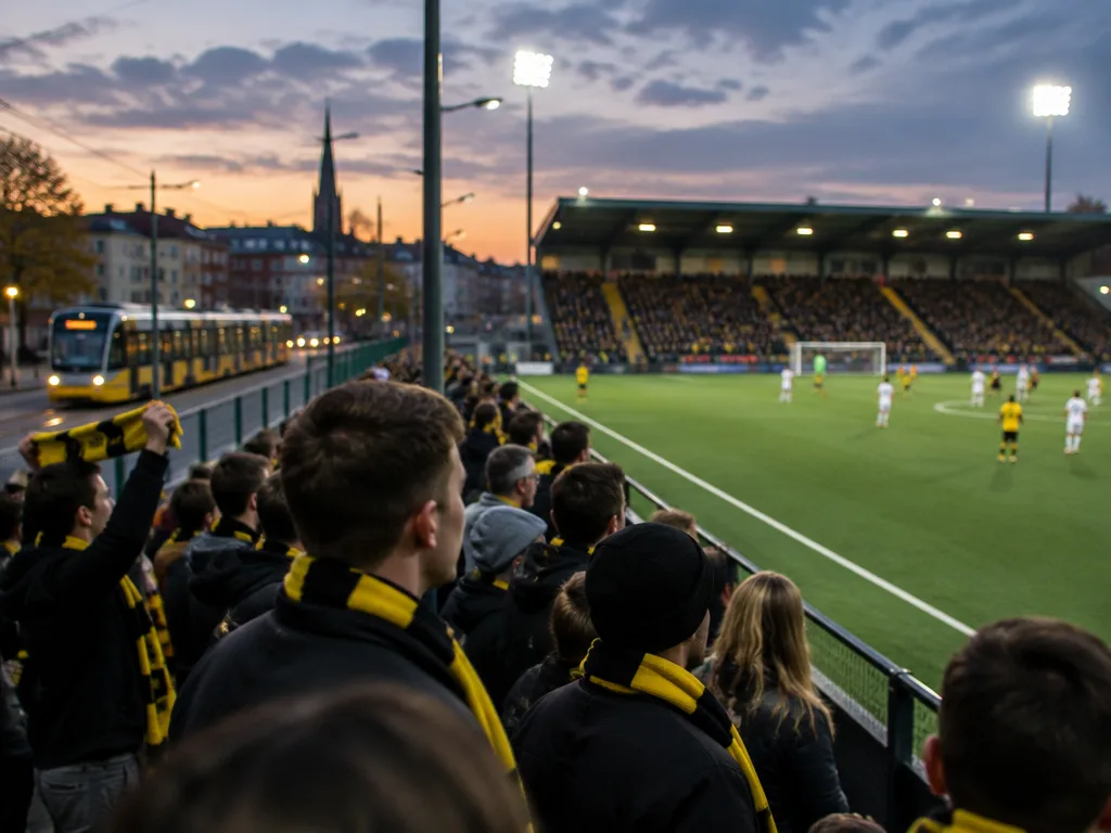 Supportrar i gula och svarta halsdukar står nära planen på en liten fotbollsarena i kvällsljus medan en spårvagn passerar utanför.