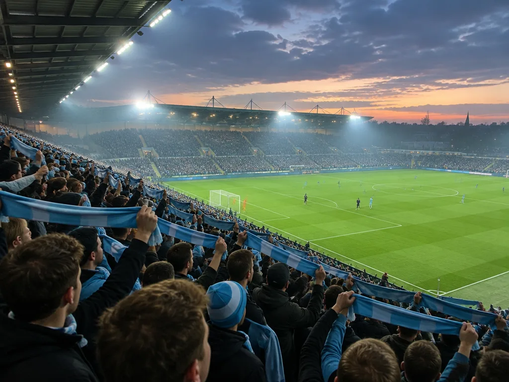 Supportrar håller upp himmelsblå halsdukar på en fullsatt läktare under en fotbollsmatch i kvällsljus.