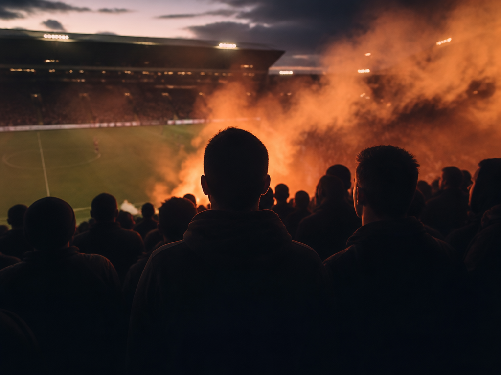 Läktarsilhuetter i orange rökslöja på en fotbollsarena i skymning.