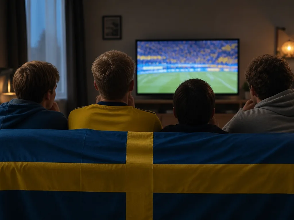 En familj samlad i soffan framför tv:n inför en landskamp på kvällen.