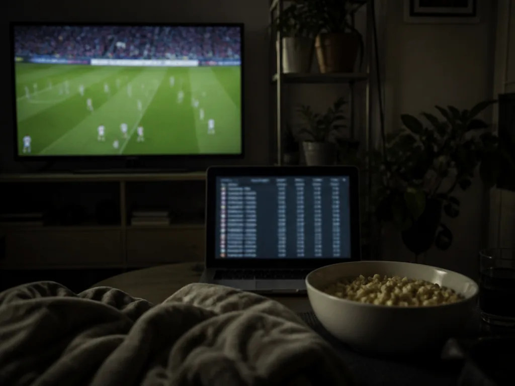 Flera tv-skärmar som visar europeisk fotboll samtidigt en vardagskväll.