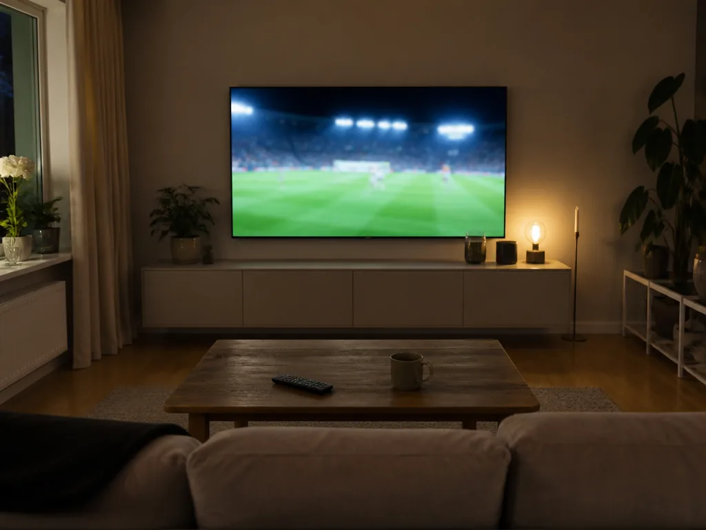 En soffa framför en tv där en fotbollsmatch precis ska sändas.
