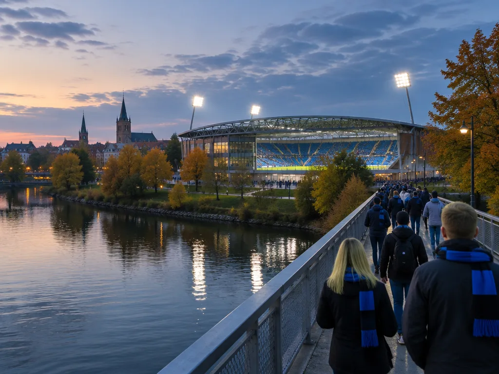 Supportrar i blå och svarta halsdukar går över en gångbro mot en upplyst fotbollsarena vid en å i skymningen.
