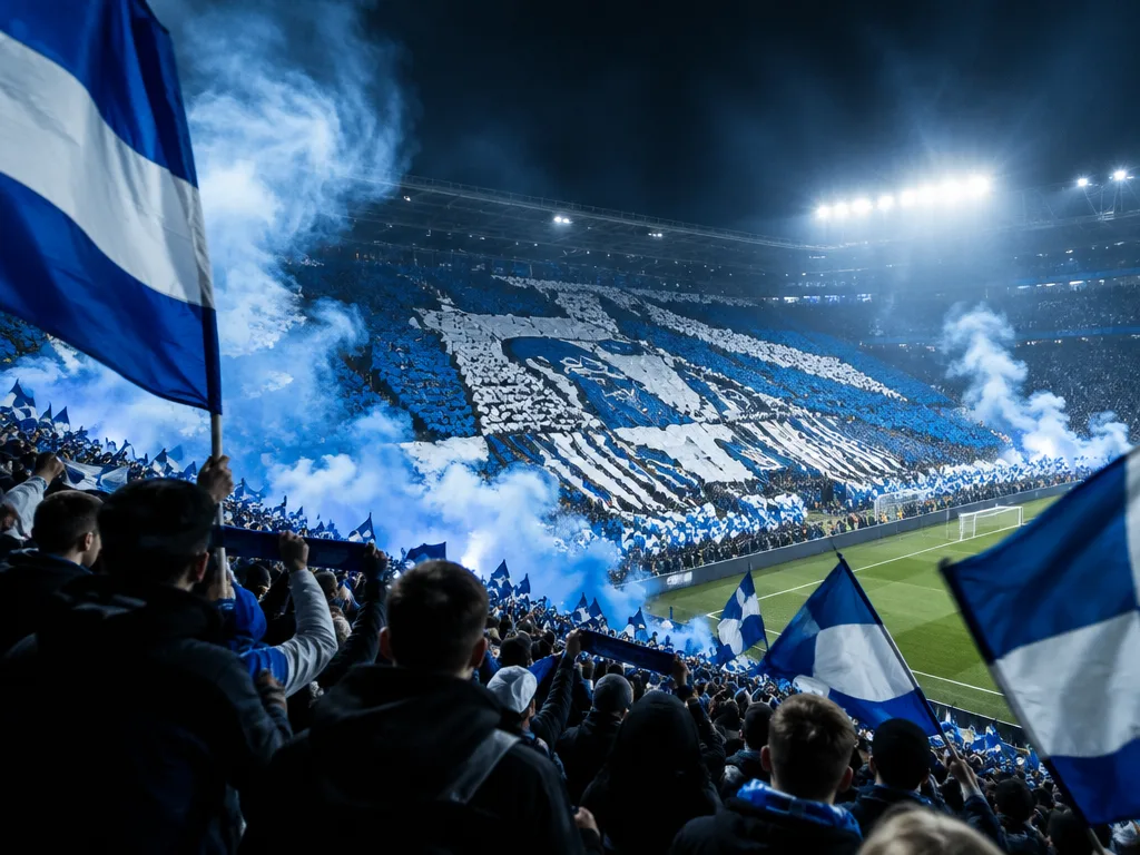 Blåvit tifo och flaggor på en fullsatt ståplatsläktare i rök och strålkastarljus.