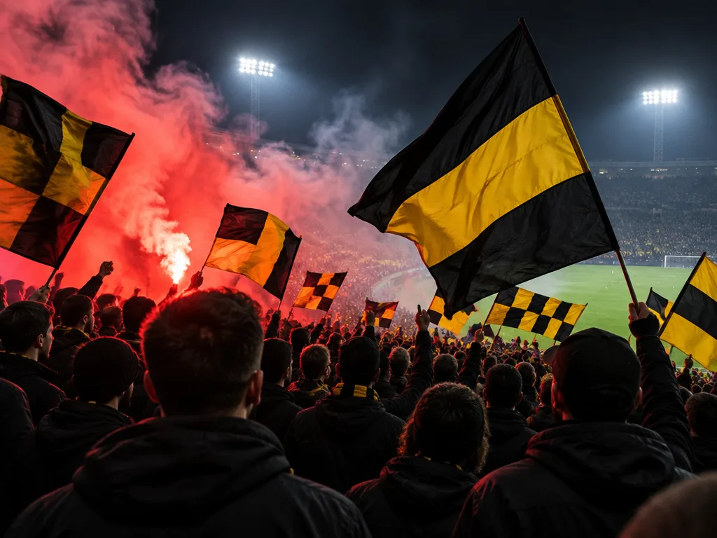 Supportrar i svart på en ståplatsläktare med svartgula flaggor och röd bengalrök i strålkastarljus.