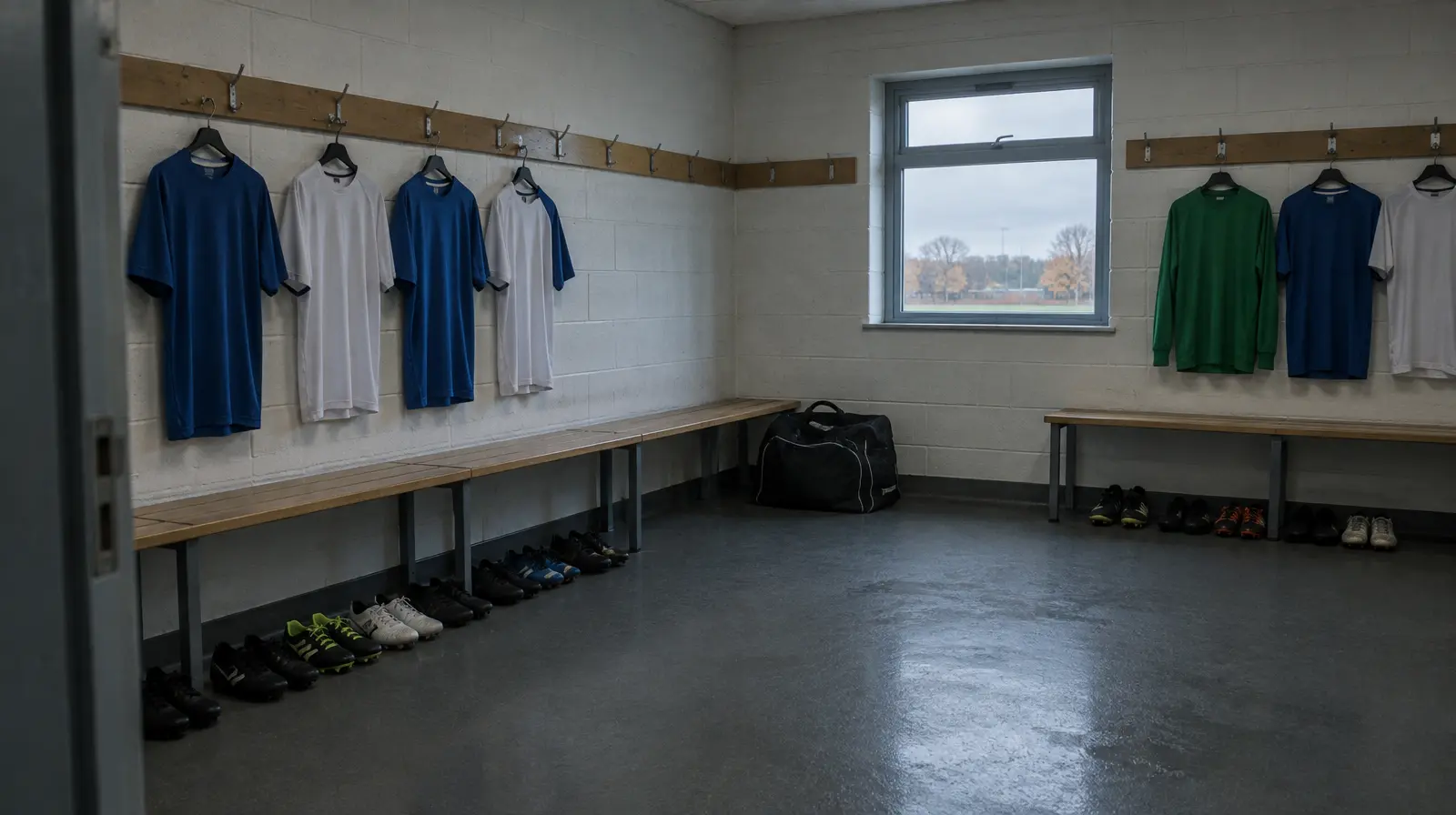 Tom omklädningsrum med matchkläder på krokar i dagsljus