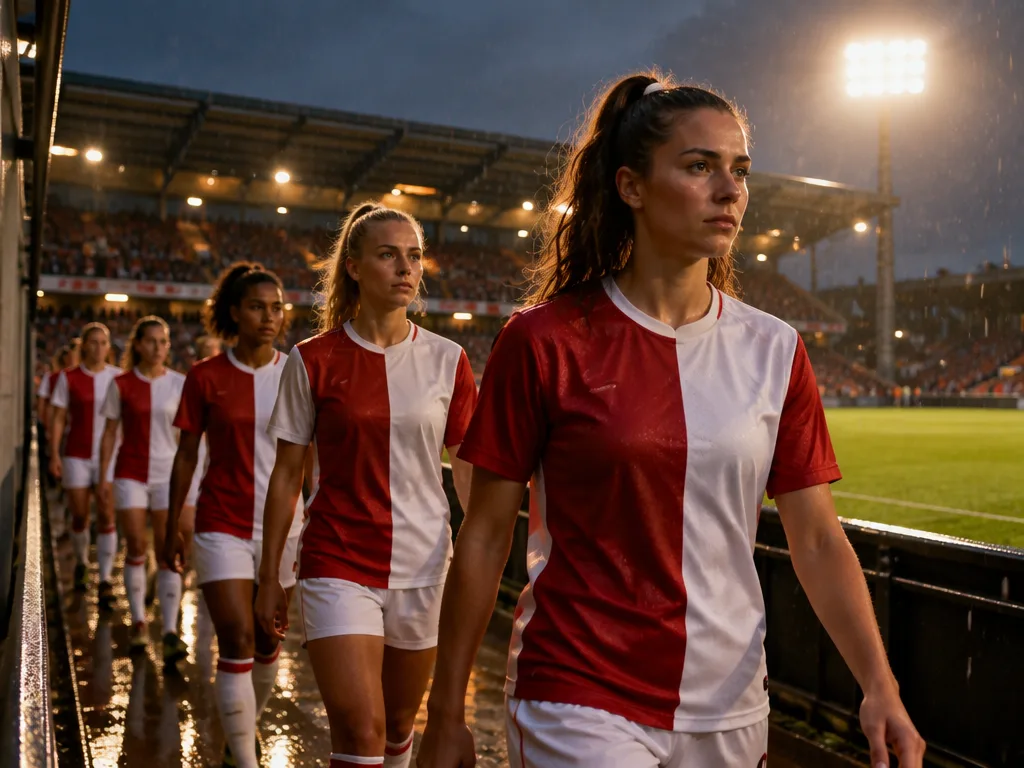Damfotbollsspelare går ut i tunneln inför en kvällsmatch i regn