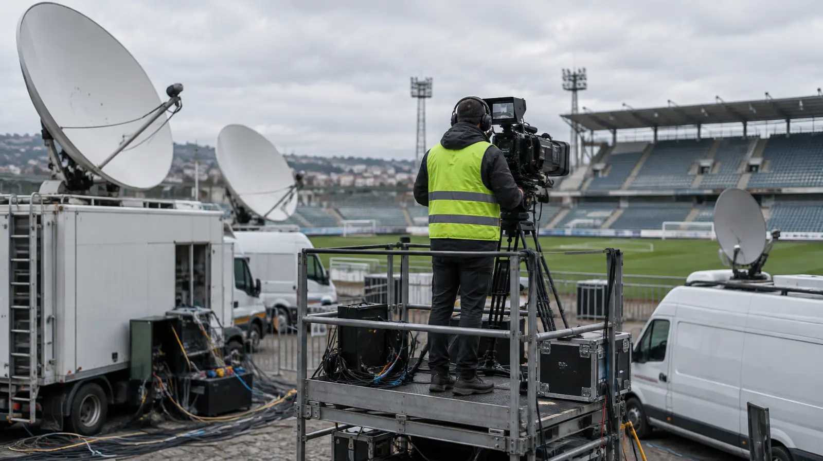 En tv-sändningsbil med kablar och en kameraman på en plattform utanför en arena i Spanien