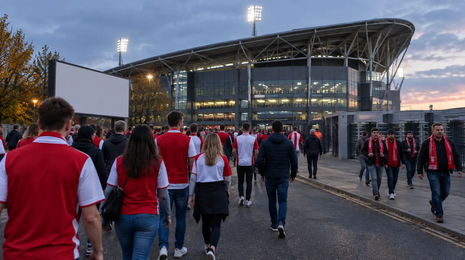 Supportrar på väg mot arenan i kvällsljus före avspark