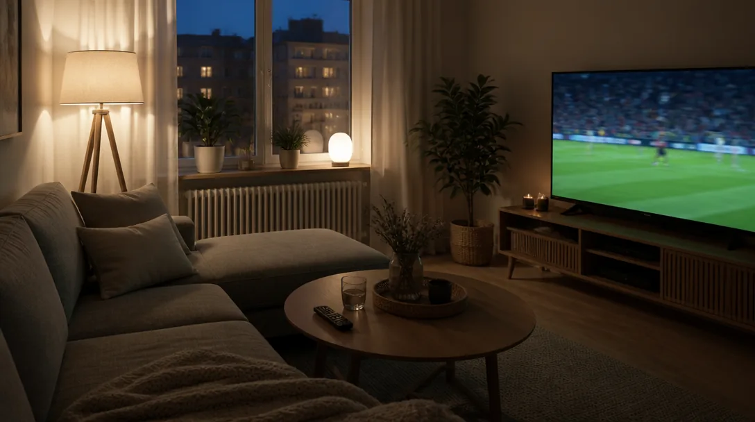 Ett vardagsrum på kvällen med en soffa, en filt och en tv som visar en fotbollsmatch